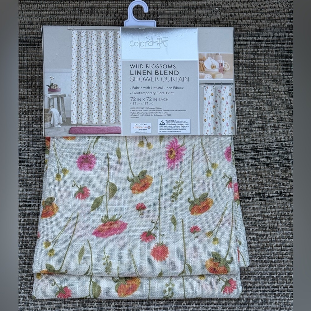 Colordrift Wild Blossoms Linen Blend Floral Fabric Shower Curtain 72"x72" - Picture 3 of 8